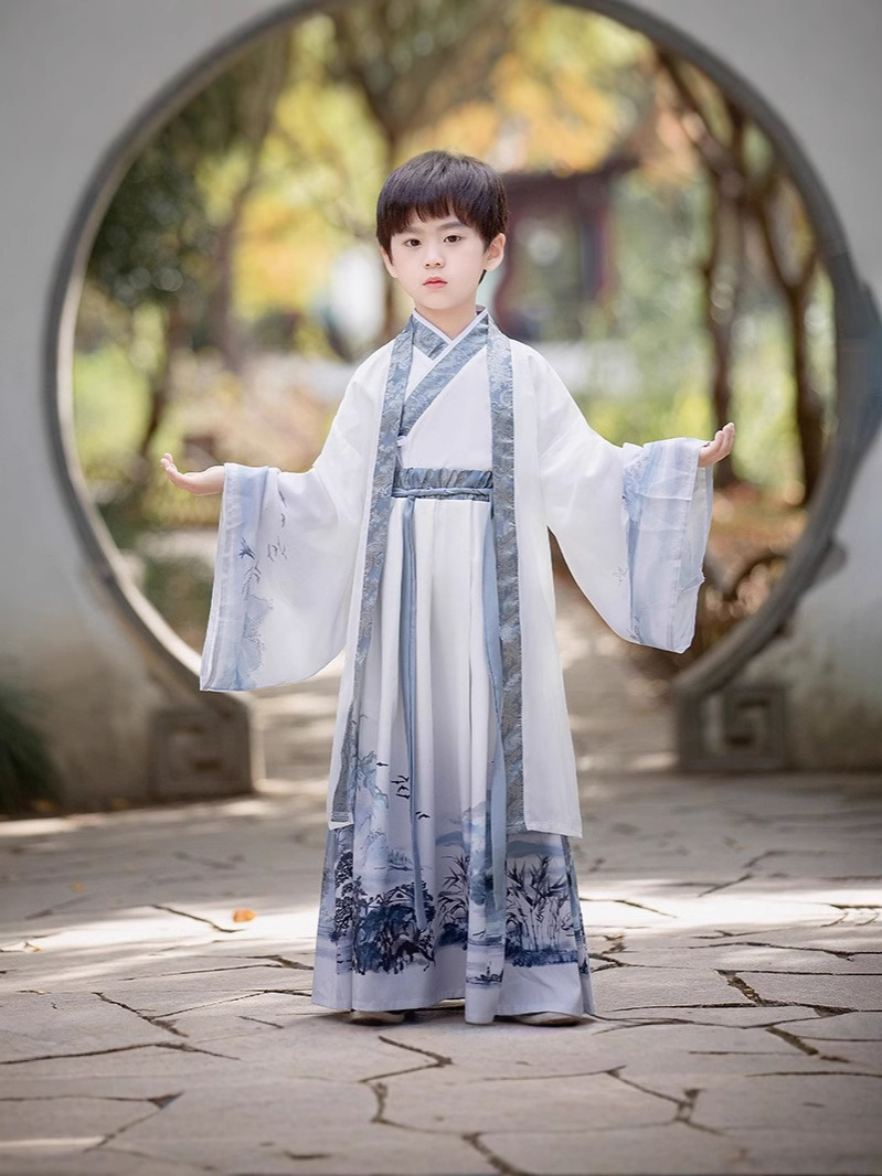 Children's Ancient Costume Hanfu Guoxue Costume Boys and Girls Book Children Primary School Students Guoxue Costume Writing Ceremony Recitation Performance Costume
