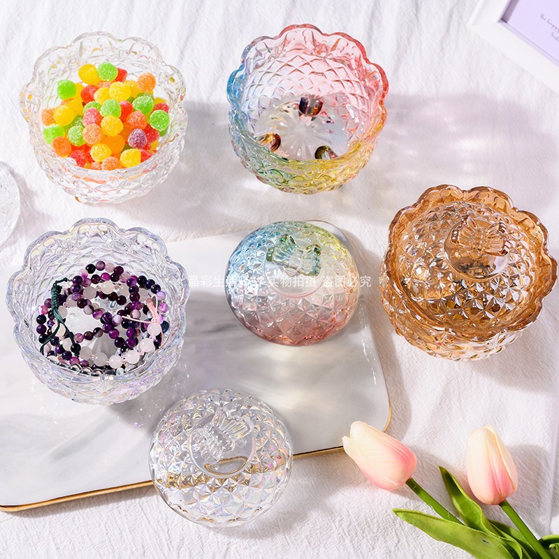 European-style glass candy jar transparent storage jar with lid fruit bowl sugar jar seasoning jar ashtray jewelry box Qin Xuan