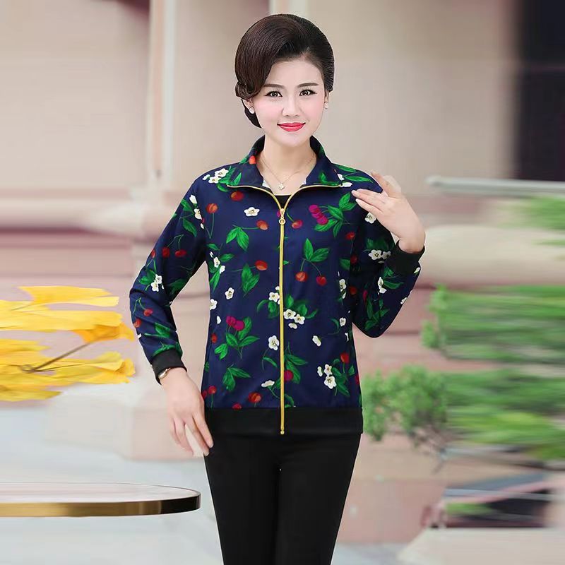 Autumn Wholesale Popular Women's Jackets for Middle-Aged and Elderly, Floral Pattern, Fleece-Lined, Large Size, Zip-Up Tops, Mom-Style Outerwear