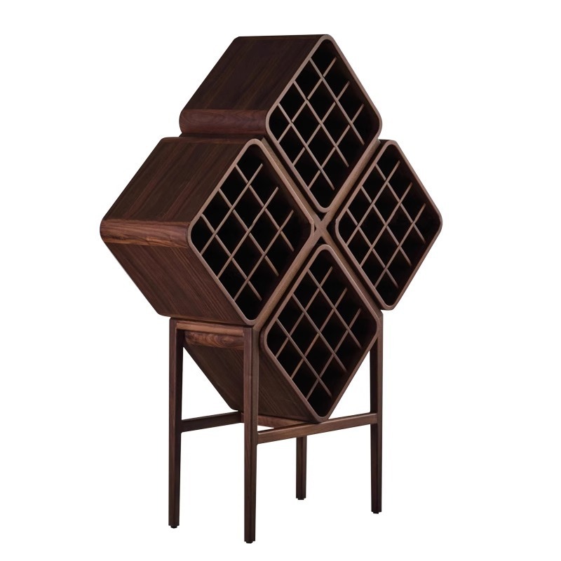 New Chinese Style Black Walnut Wine Rack New High-End Rhombus Shelf Home Living Room Solid Wood Wine Cabinet Display Rack