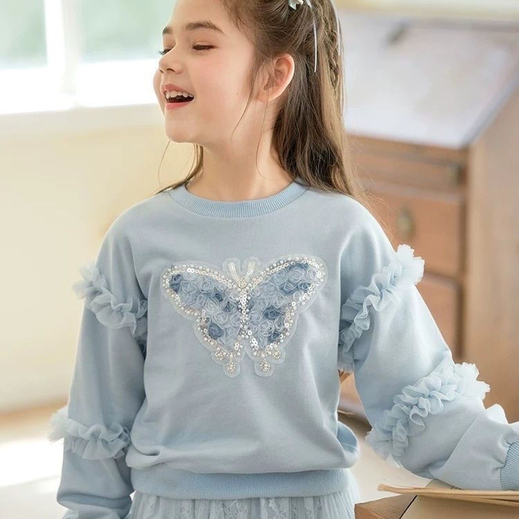 Autumn and Winter Children's Clothing Girls' Sweatshirts Lace Medium and Large Children's Long-Sleeved Mesh Fungus Princess Little Girl Fashionable