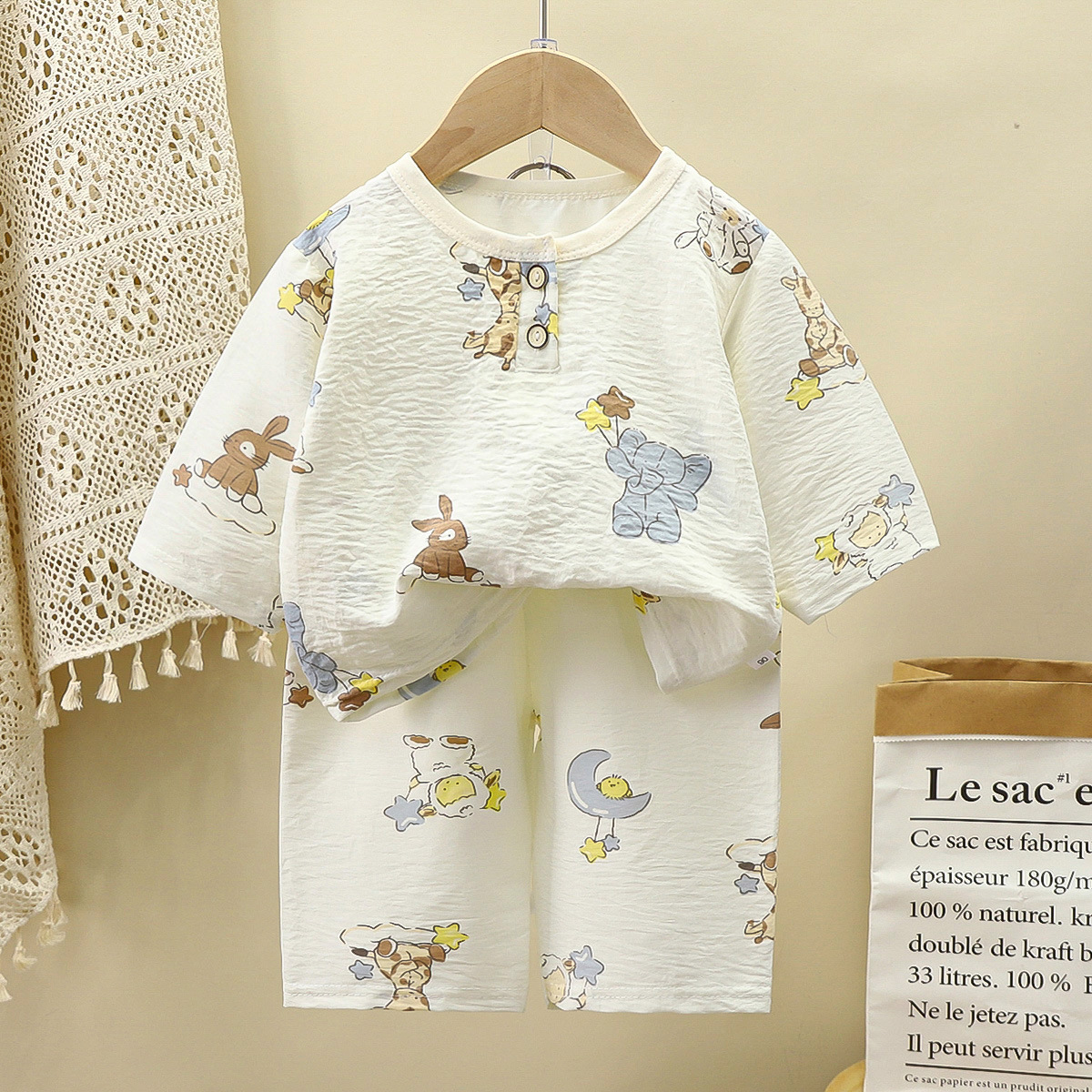 Children's Popular Summer Home Clothes Set with Mid-Sleeve for Boys and Girls, Cloud Cotton Thin Air-Conditioned Clothes, Mid-Pants, Casual Pajamas