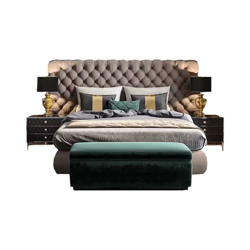 Italian Post-Modern Simple Double Bed 1.8m Accessible Luxury Pull-Button Genuine Leather First-Layer Cowhide Bed Small Apartment Scandinavian Wedding Bed