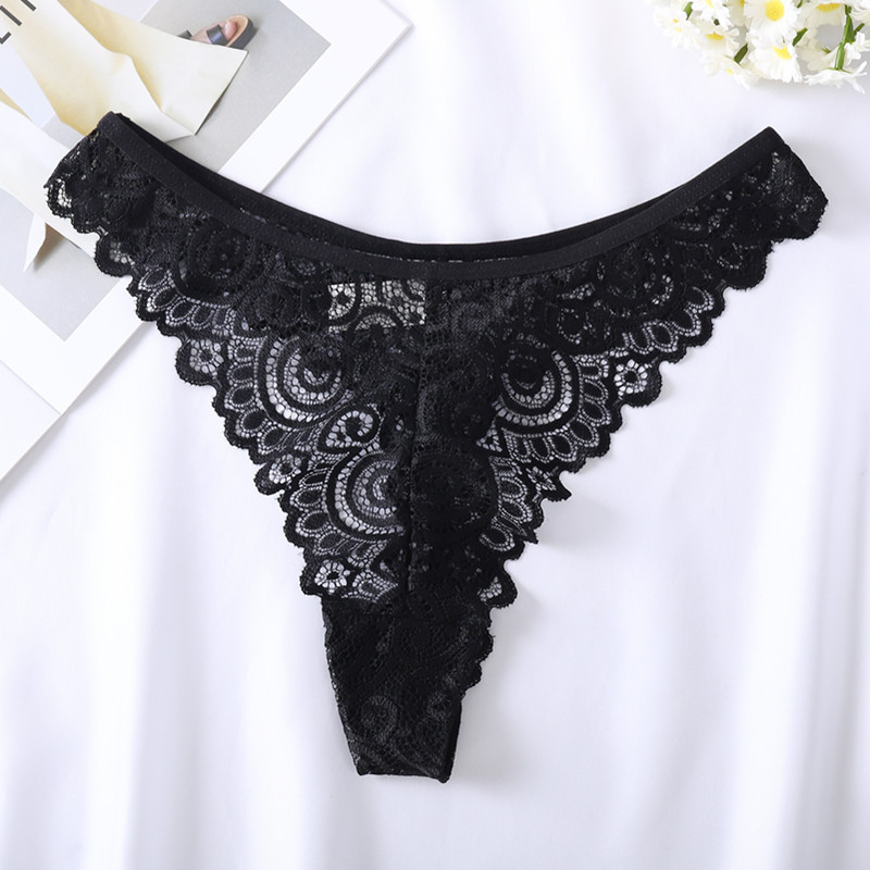 Ladies underwear transparent hollow pattern t pants sexy lace underwear cotton crotch plus size thong Amazon wholesale