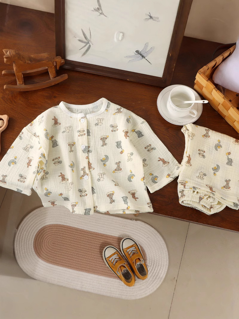 Girls Pure Cotton Cardigan Pajamas Kidsren's Nine-Quarter Sleeve Home Clothes Thin Baby Double-Layer Cotton Gauze Air-Conditioned Clothes Set
