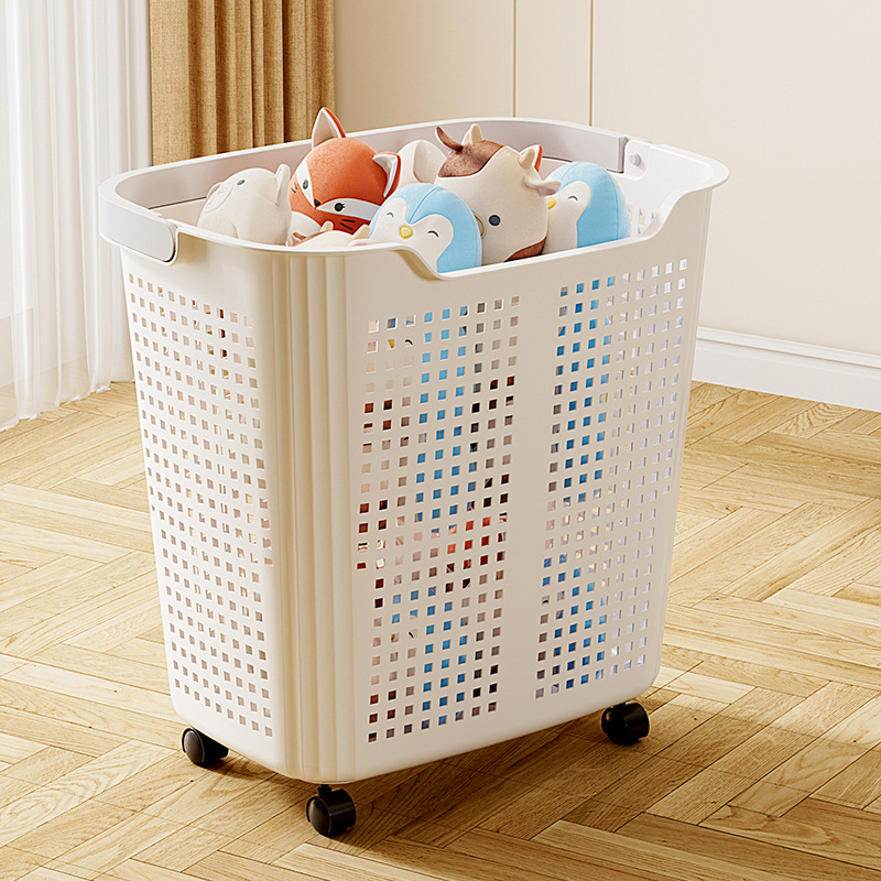 Factory Direct Sales Portable Wheeled Storage Basket Dirty Clothes Basket Household Bathroom Large Capacity Plastic Thickened Breathable Dirty Clothes Basket