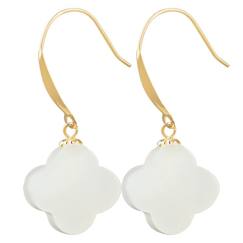 Old material Hetian Jade White Jade four-leaf clover earrings genuine 18K gold inlaid natural jade earrings earrings Women's