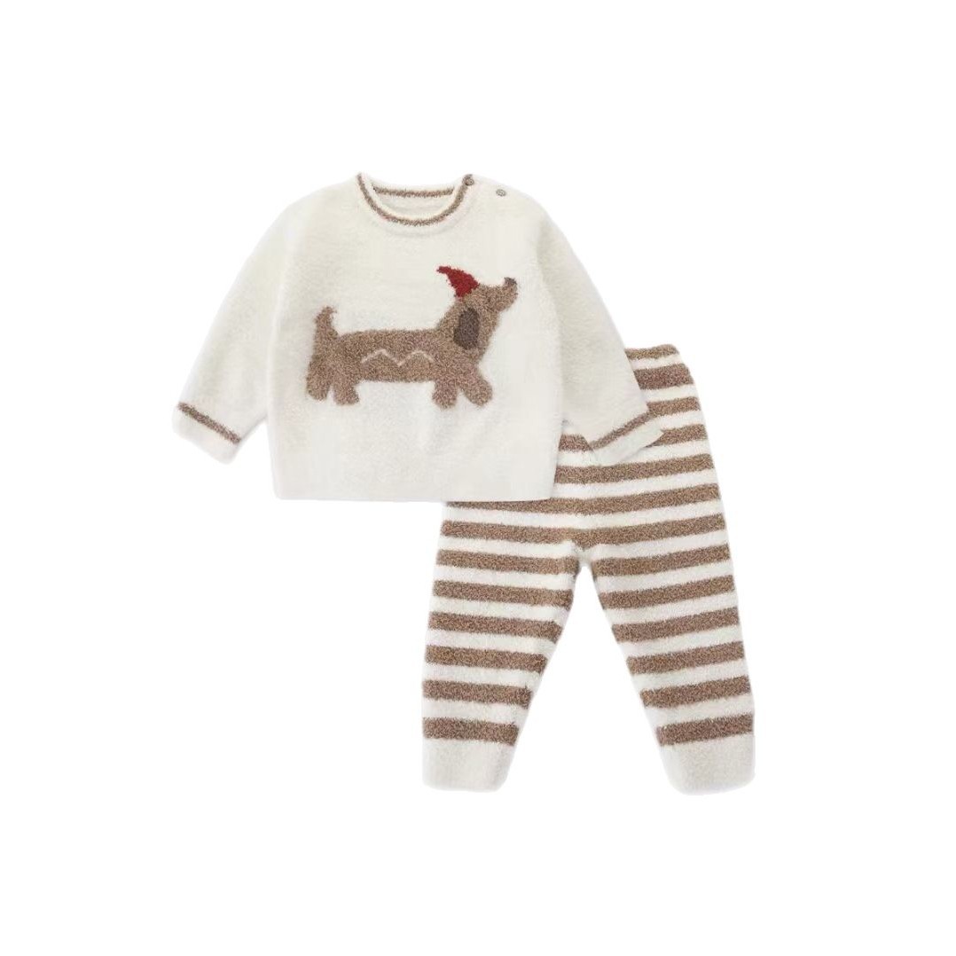 [half velvet] baby girl pajamas suit winter warm home clothes can be worn outside the knitted cartoon suit