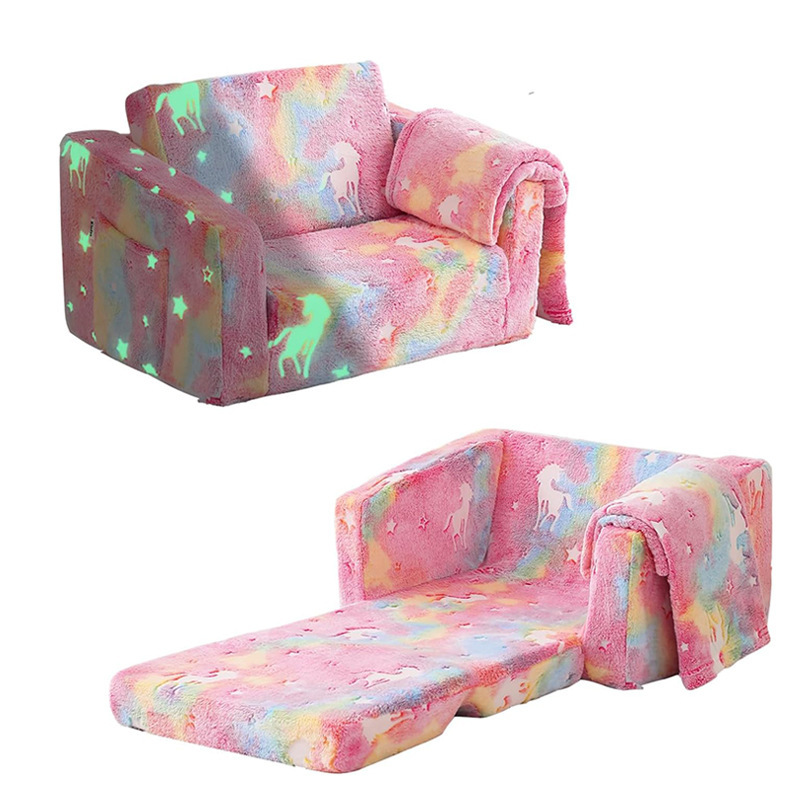 Glowing Cartoon Children's Sofa Chair with Printed Single-Seat Compressible Roll-Up Sponge, Star and Unicorn Pattern, Portable