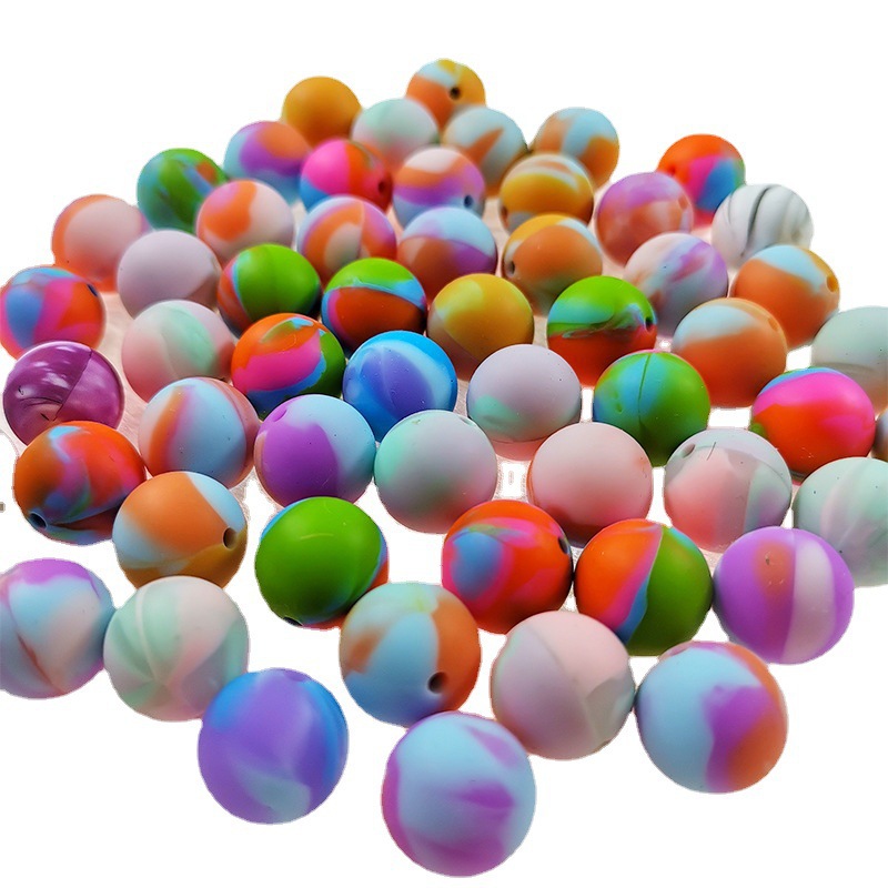 Silicone Beads Christmas Colorful Water Transfer Round Beads 15mm Bracelet Donut Teether Beads Manufacturer Spot Wholesale