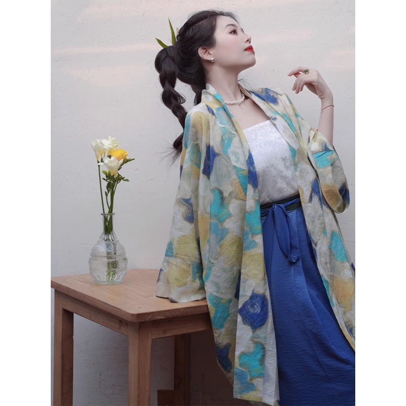 2025 Spring and Autumn Retro Chinese Style Han Dynasty Improved Loose Large Size Women's Printed Double-Breasted Wide Sleeve Shawl Long Shirt Top