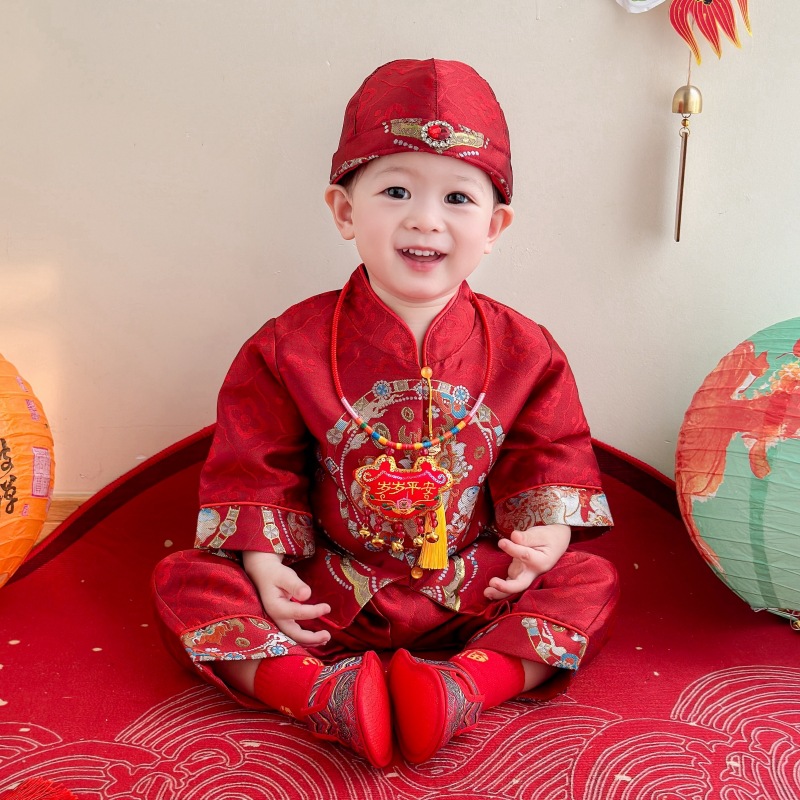 25 New Baby Tang Suit New Chinese Men's Treasure Grasp Zhou Suit Red Festive Kirin suit Hundred Days Birthday Banquet Dress