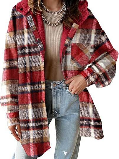 2024 Amazon European and American Women's Flannel Plaid Jacket Long Sleeve Autumn Button Colorblock Hooded Jacket