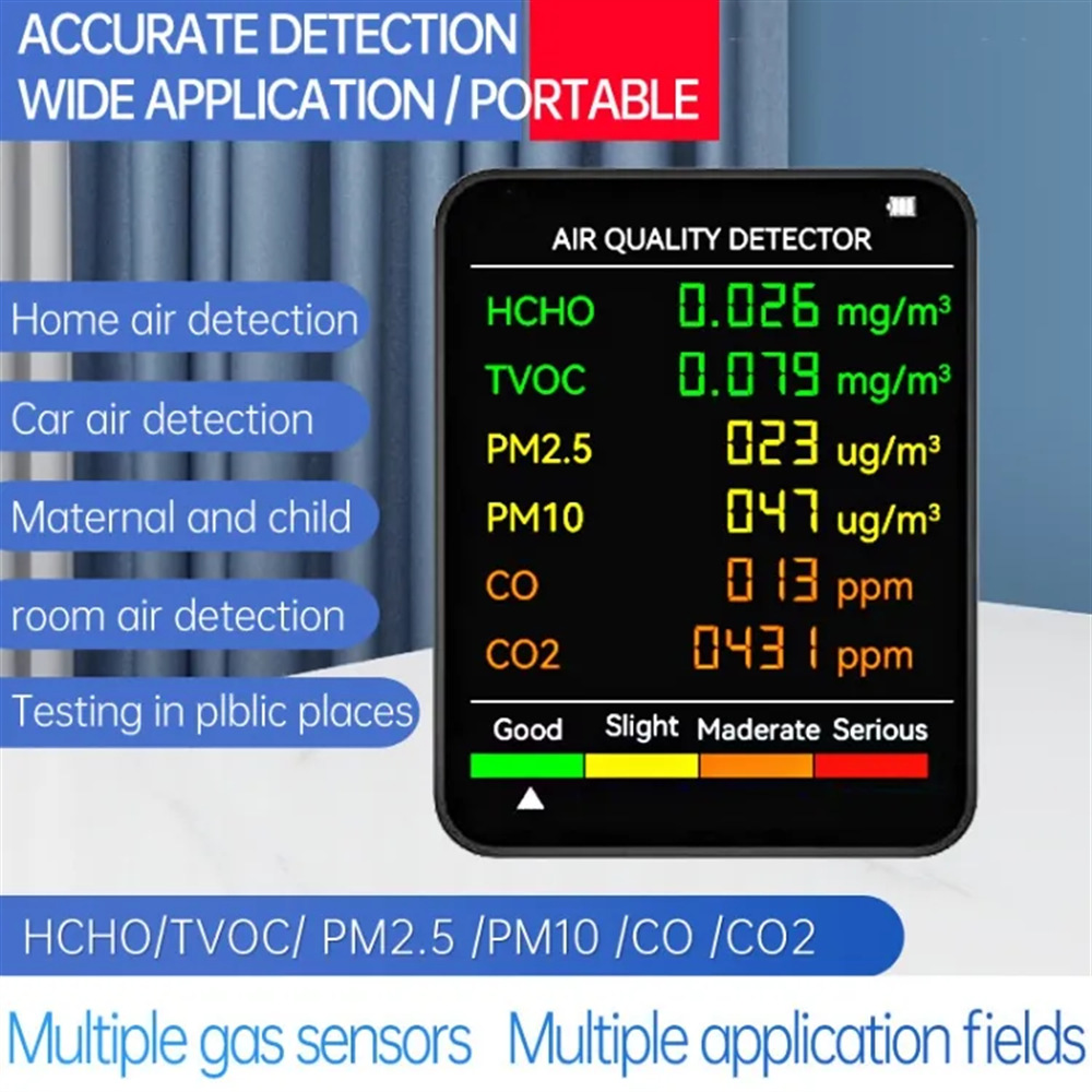 6 in 1 Carbon Dioxide Detector Pm2.5Pm1.0 Formaldehyde Detection Tvoc Detector Temperature and Humidity Co2