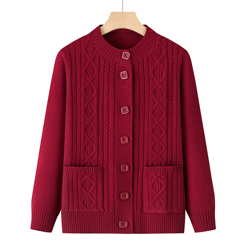 Модный осенний кардиган для женщин, свободный, с длинным рукавом, красный свитер для пожилых
