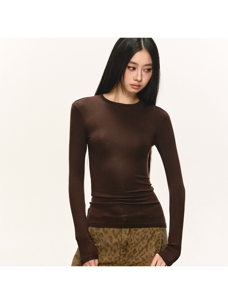 Long-Sleeved T-Shirt for Women in Autumn and Winter New Style Round Neck Slimming Look Short Right Shoulder Bottoming Shirt Top