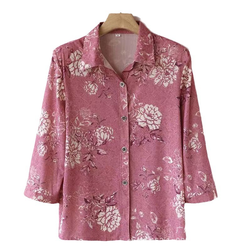 New Mom Lapel Ice Silk Cardigan Grandma Elderly Women's Shirt T-Shirt Plus Size Mother's Wear Fashionable Outer Wear
