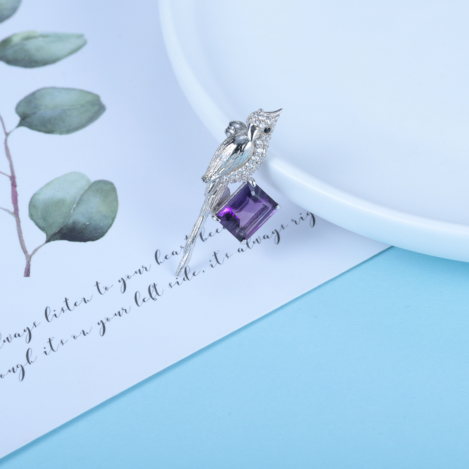 Designer brooch pendant dual-purpose bird original design 925 silver natural gemstone amethyst necklace pendant
