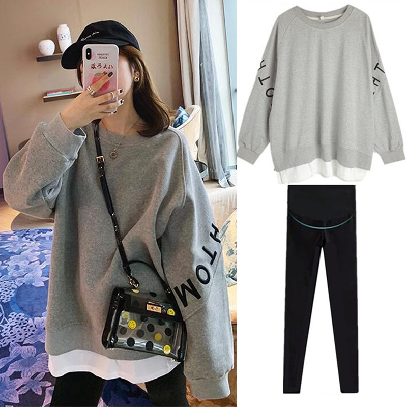 Серая толстовка для беременных, весна-осень, имитация двух предметов, круглый вырез, длинный рукав, стильный топ