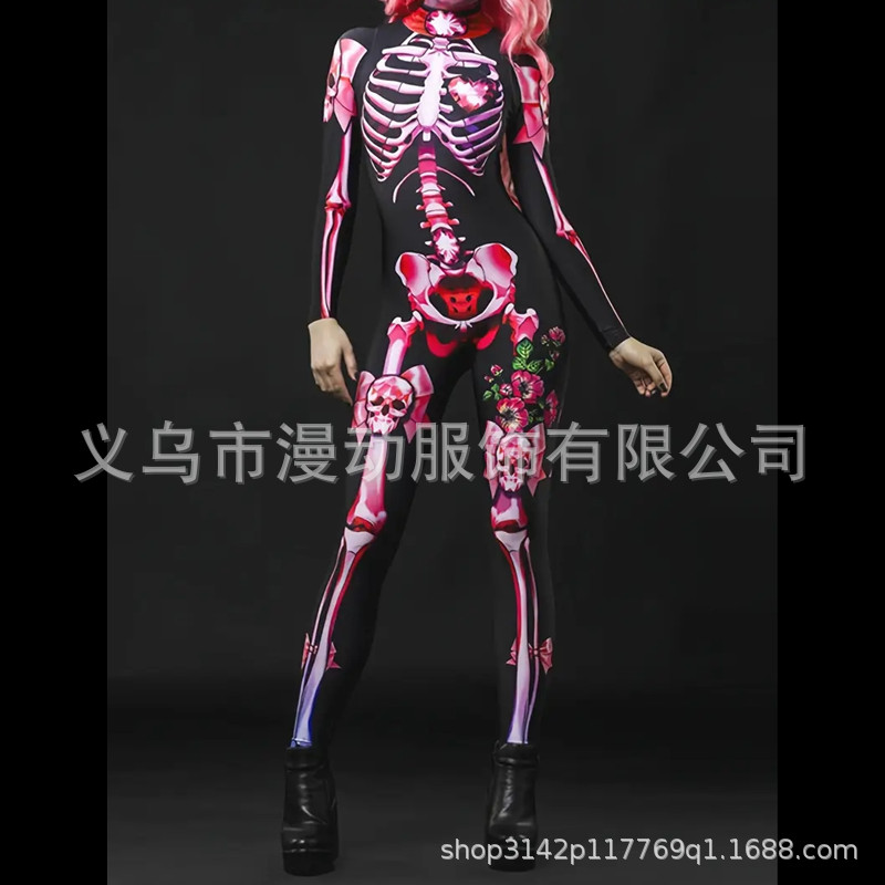 Women's Printed Rose Skull jumpsuit Milk Silk Material Sexy Halloween Horror Dress Up Girl Party
