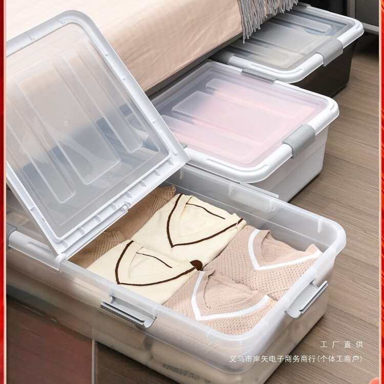 Коробка для хранения под кроватью, плоская с роликами, большая прозрачная коробка для хранения одежды, для общежития, для повседневного использования дома
