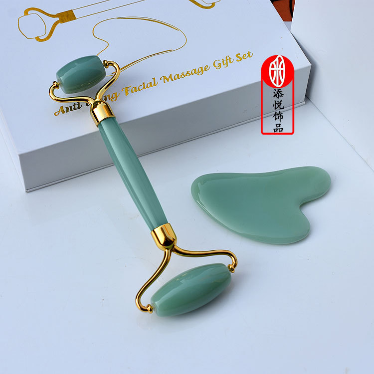 Wholesale Aventurine Scraping Board Facial Beauty Container Massage Roller Synthetic Jade Massage Scraping Set