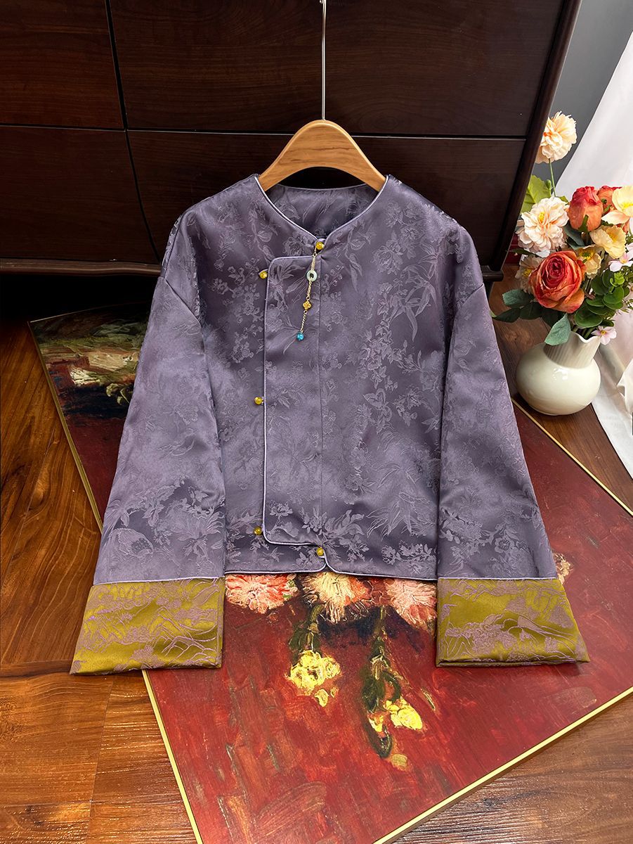 Весенний новый свободный жакет для женщин, легкий национальный стиль жаккард элегантный топ с диагональной планкой, стройнящий цветовой блок, художественный ретро стиль