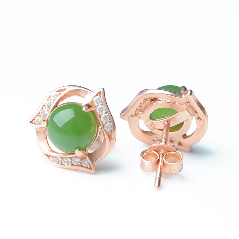 Natural Malay Jade Earrings Green Chalcedony Earrings Korean Style Fashion Elegant Women's Simple Jasper Inlaid with Hetian Jade