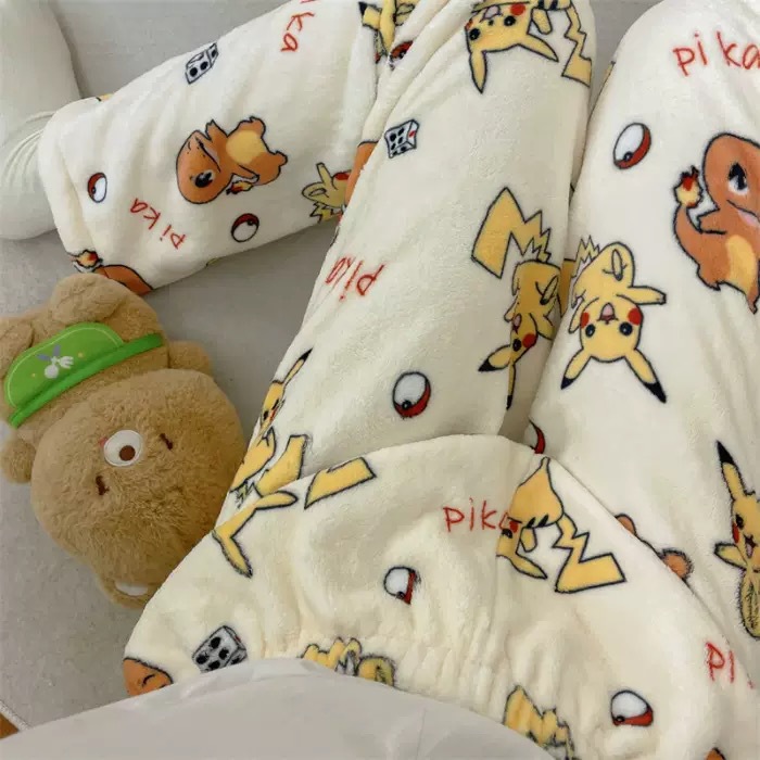 Foreign Trade Flannel Pajamas Autumn and Winter New Thickeneded Fleece-Lined Warm Casual Cartoon Home Pants Kt Cat Pants