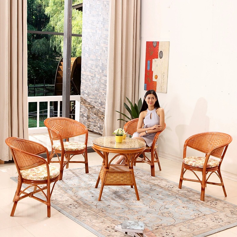 Real rattan chair three-piece leisure balcony single rattan backrest home small Tea Table Table and Chair combination elderly chair