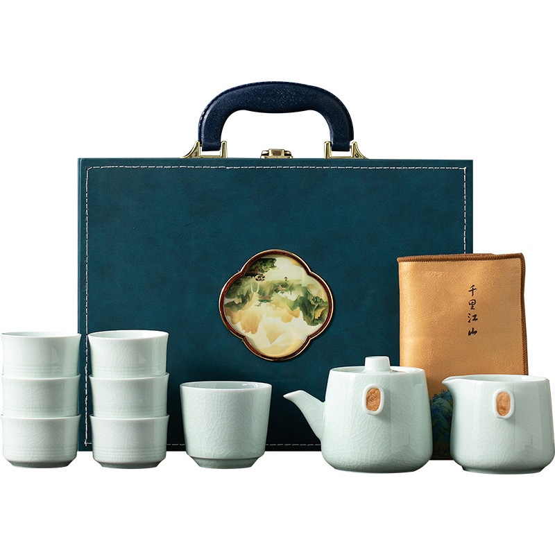 National fashion style Ge kiln tea set suit household ceramic teapot Chinese tea cup portable travel tea set gift