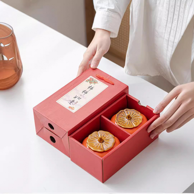 Ceramic Persimmon Ruyi Tea Pot Wedding small size Persimmon Sealed Pot Engagement Candy Gift Box Pot Printable Logo