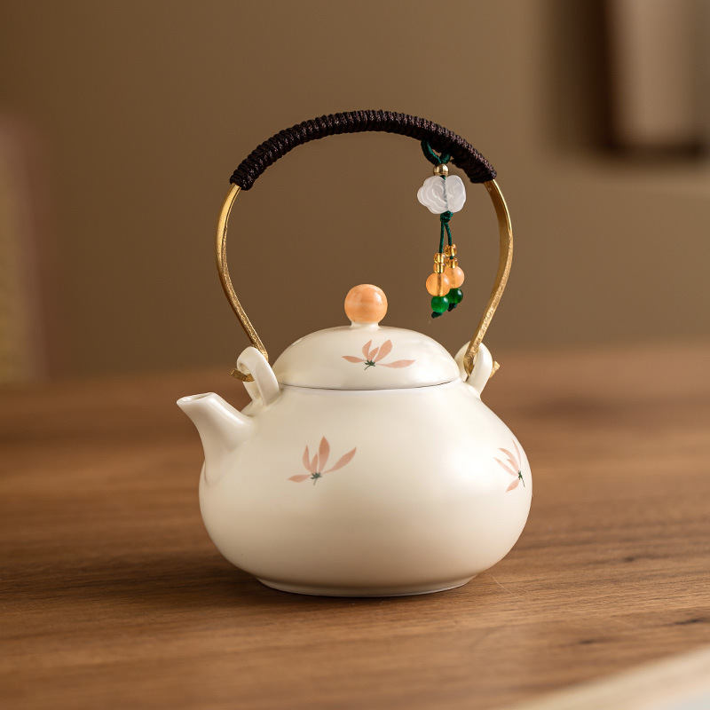 Rice Yellow Glazed Orchid Tying Rope Lifting Pot Large Capacity Teapot Single Pot Chinese Ceramic Tea Set Household Tea Boiling Teapot