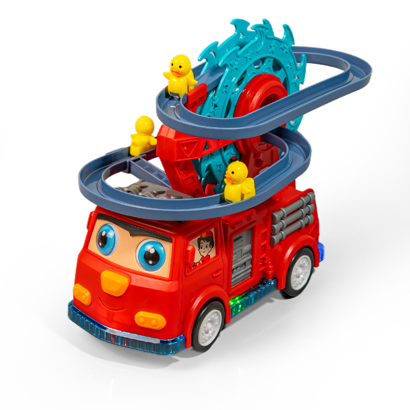 Little Duck Climbing Stairs, Rotating Ferris Wheel, Sliding Track, Automatic Obstacle Avoidance, Children's Electric Universal Fire Truck Toy