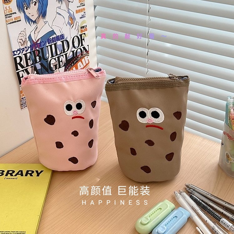 New high-value pen barrel pencil case cute cartoon creative vertical flip stationery storage bag student cylinder pencil case