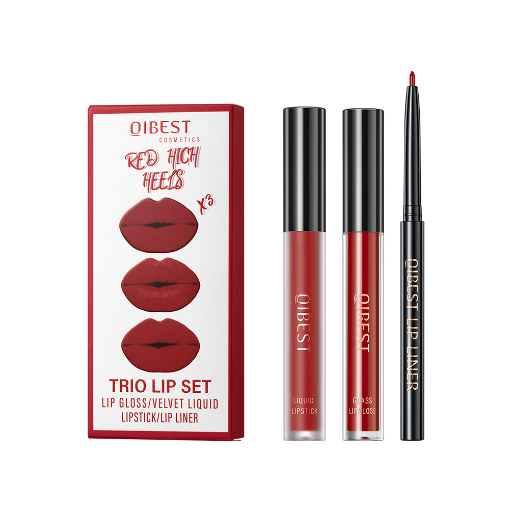 Qibest Cross-Border Non-Stick Cup Non-Fading Lip Glaze Matte Matte Moisturizing Lip Liner Set Three-In-One Makeup