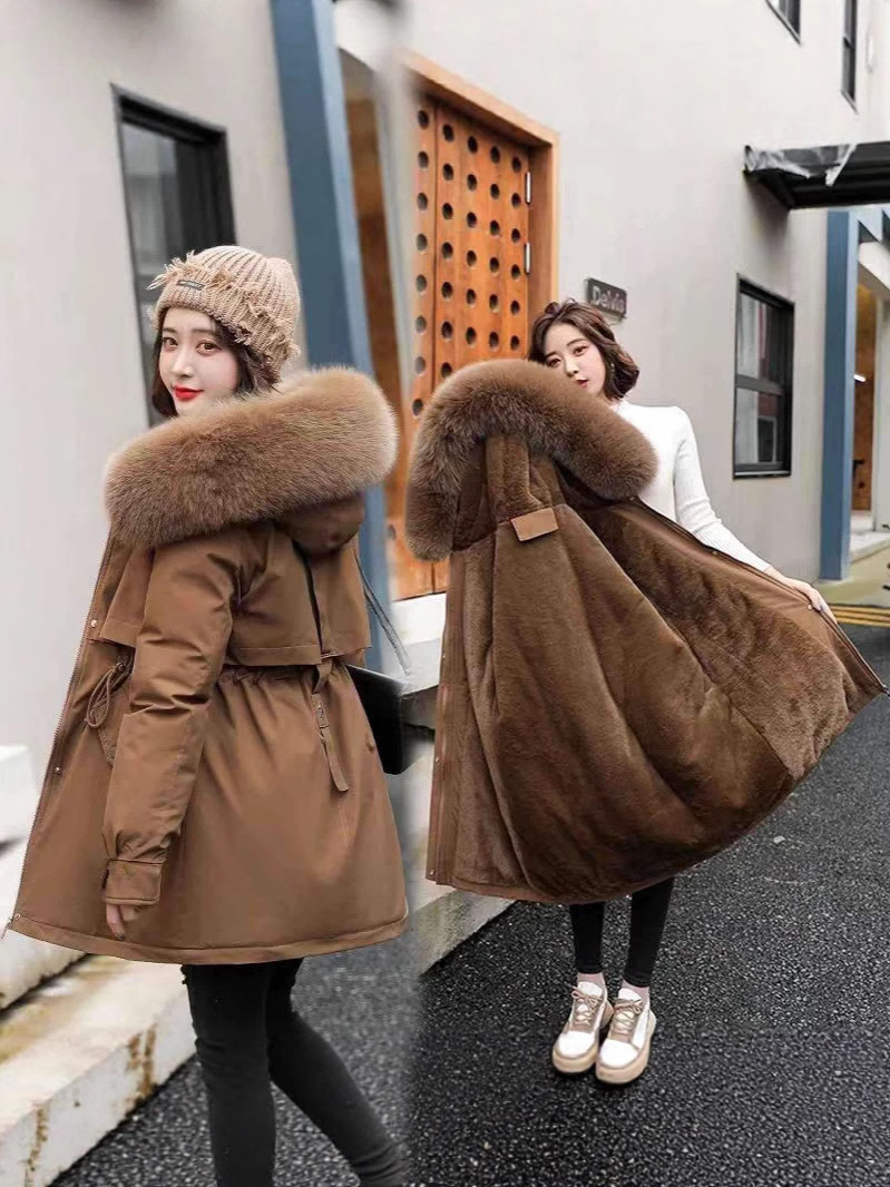 2025 Winter European and American New Women's Cotton-Padded Jacket Mid-Length Large Fur Collar Fleece-Lined Cotton-Padded Jacket down Cotton-Padded Jacket