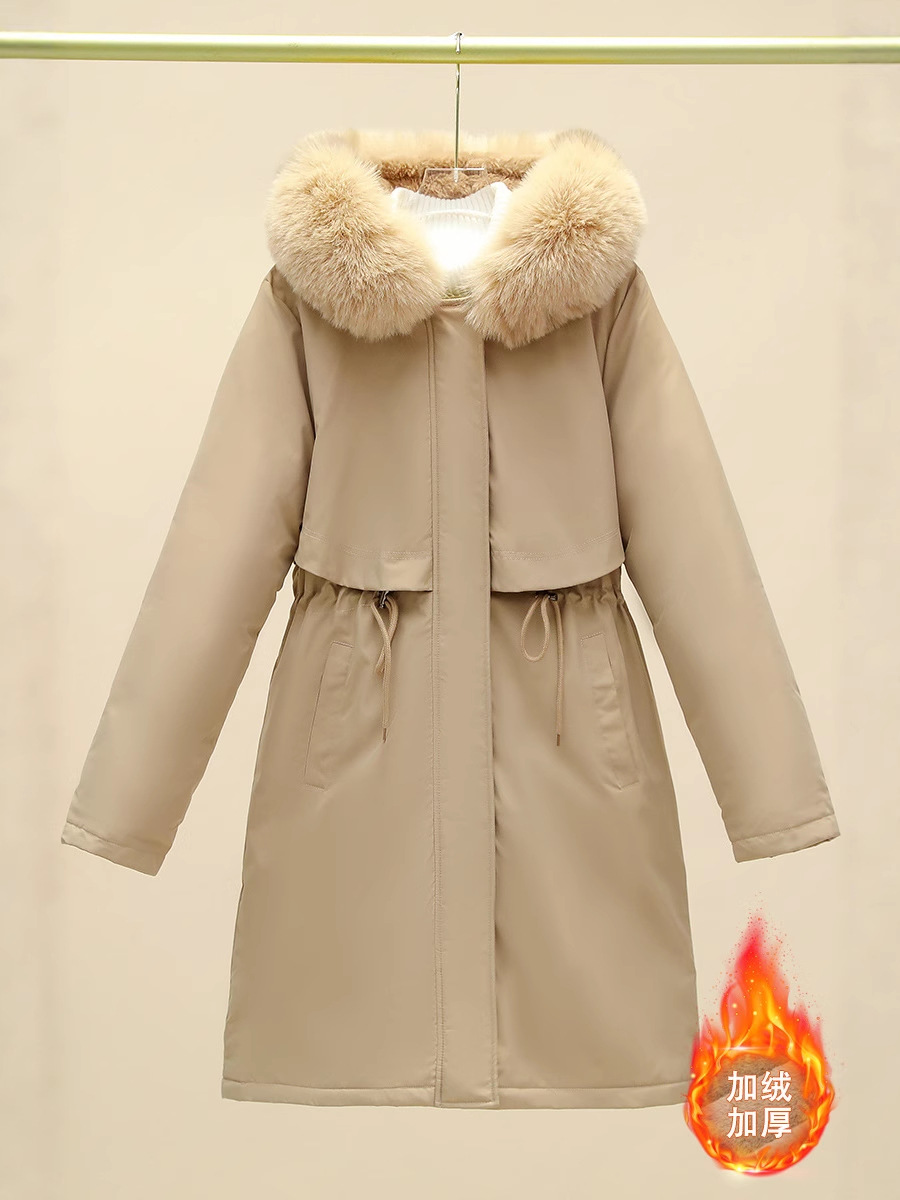 Утолщенная парка с флисовой подкладкой для женщин, новая хлопковая куртка 2025 года, средней длины, корейская версия, свободная с большим меховым воротником