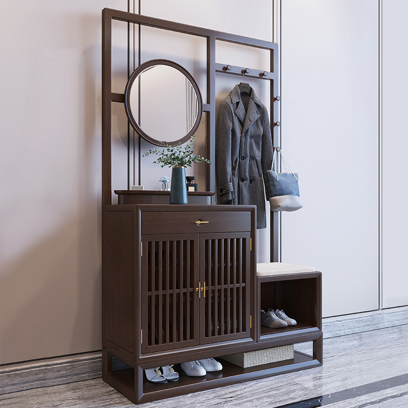 New Chinese Style Solid Wood Entrance Cabinet Foyer Entry Shoe Cabinet Multi-Functional Storage Living Room Clothes Hanger Floor-Standing Storage Shoe Changing Stool