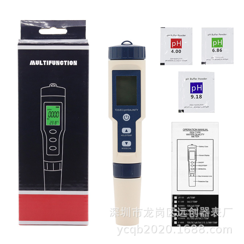Five-In-One Ph Meter Ph Ectds Temperature Salinity Conductivity Water Quality Test Pen Breeding Detector Backlight