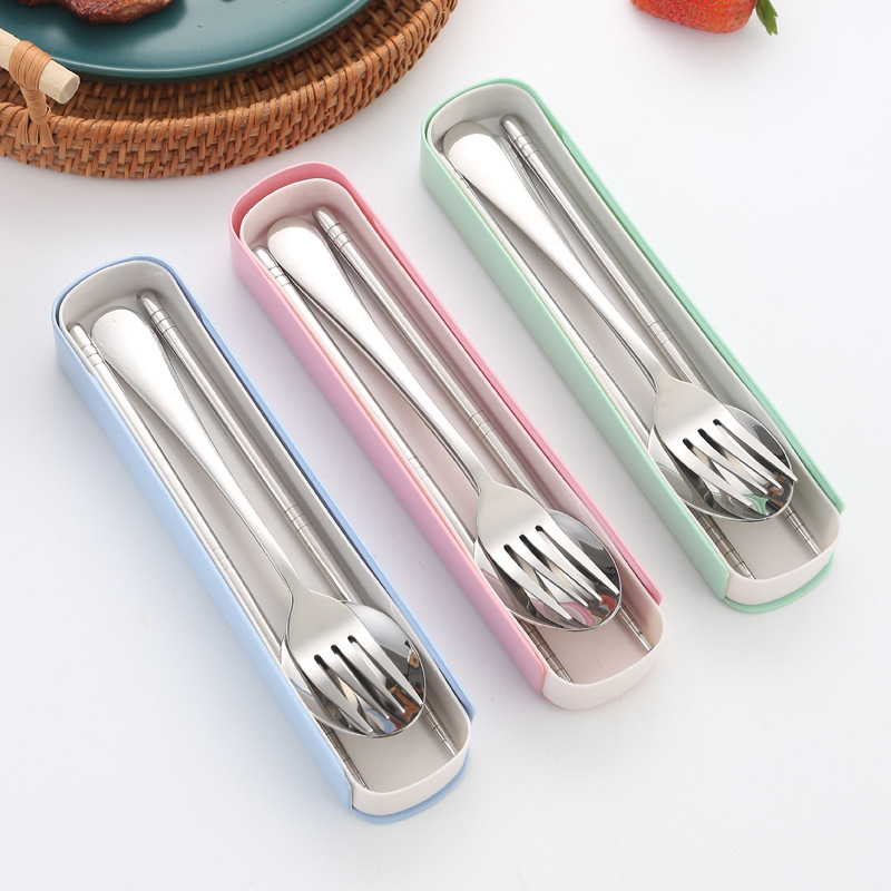 Portable Stainless Steel Tableware Set 304 Tableware Three-Piece Set Chopsticks Spoon Fork Combination Student Company Gift Travel
