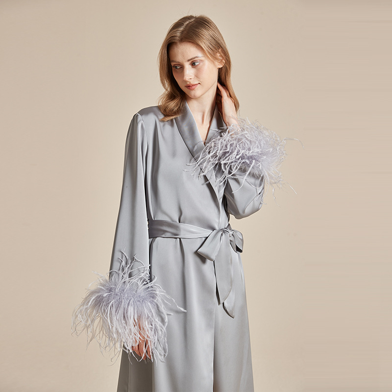 Can Be Worn Outside, Feather Nightgown, French Wedding Dressing Gown, Female Bride's Sexy Imitation Silk High-End Spring and Autumn Pajamas