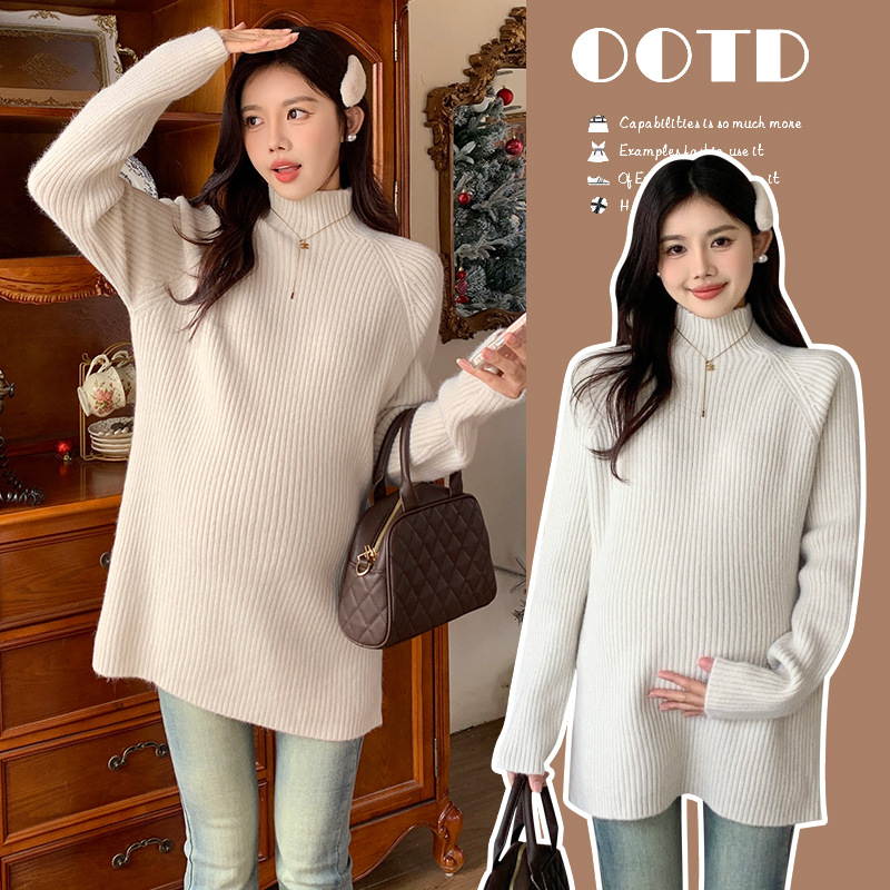 Half Turtleneck Pregnant Women's Sweater Loose Lazy Autumn and Winter Wear Thickened Warm Pregnant Women's Base Shirt Breast-feeding Top