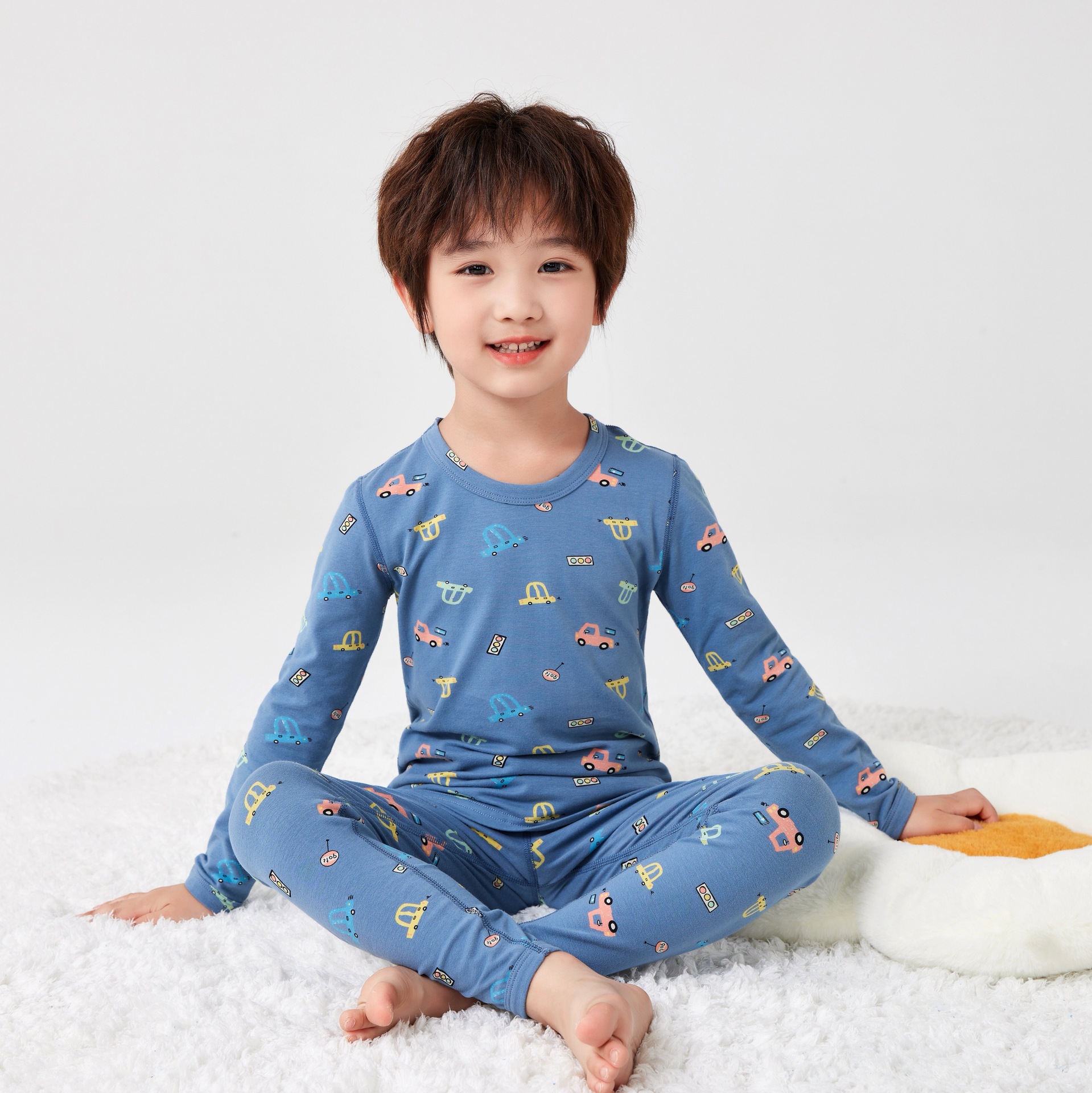 2025 New Korean Version Children's Seamless Brushed Lycra Cotton Cartoon Thermal Underwear Set Home Wear