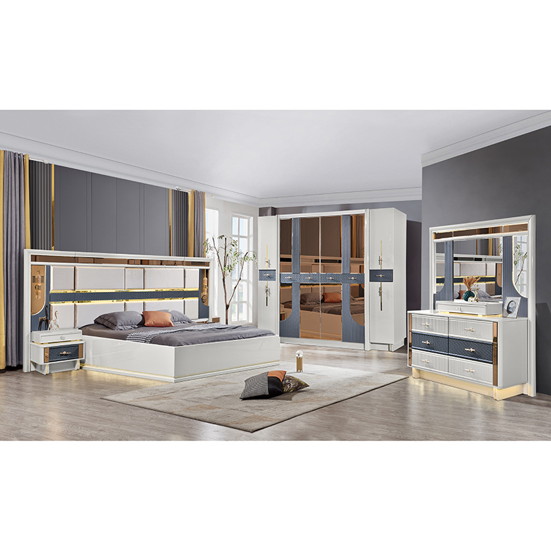Cross-Border Modern Panel Suite Double Bed Wardrobe Dresser Combination Set Luxury Bedroom Furniture Whole House