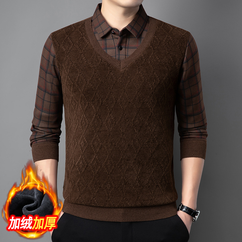 [fleece-lined European velvet cotton] 2024 new men's autumn and winter fake two-piece sweater for middle-aged and elderly fathers sweater backing