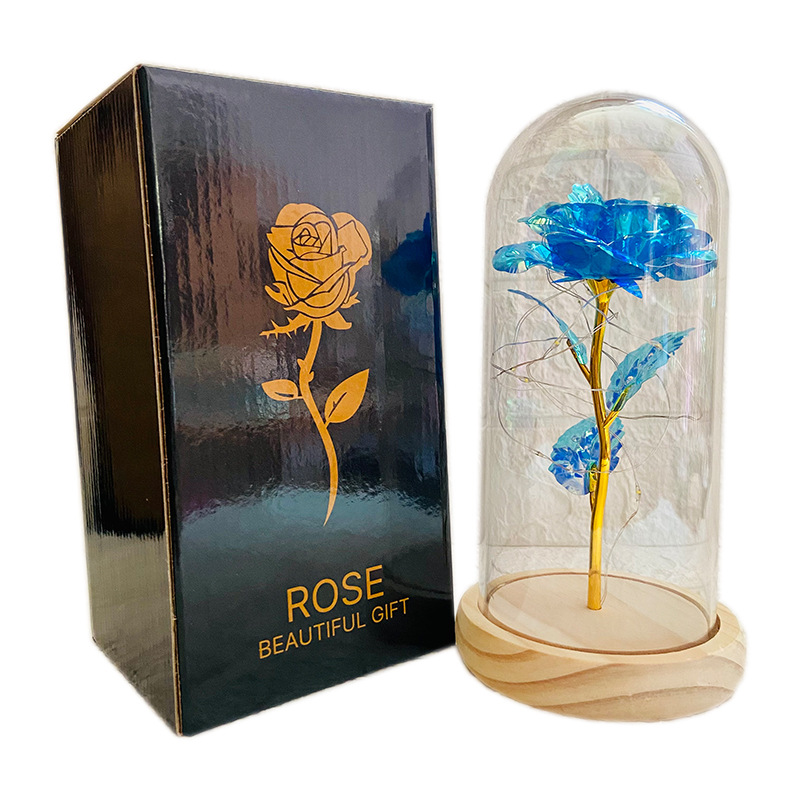 New gold foil rose flower plastic cover luminous Valentine's Day gift eternal flower glass cover LED lamp desktop ornaments