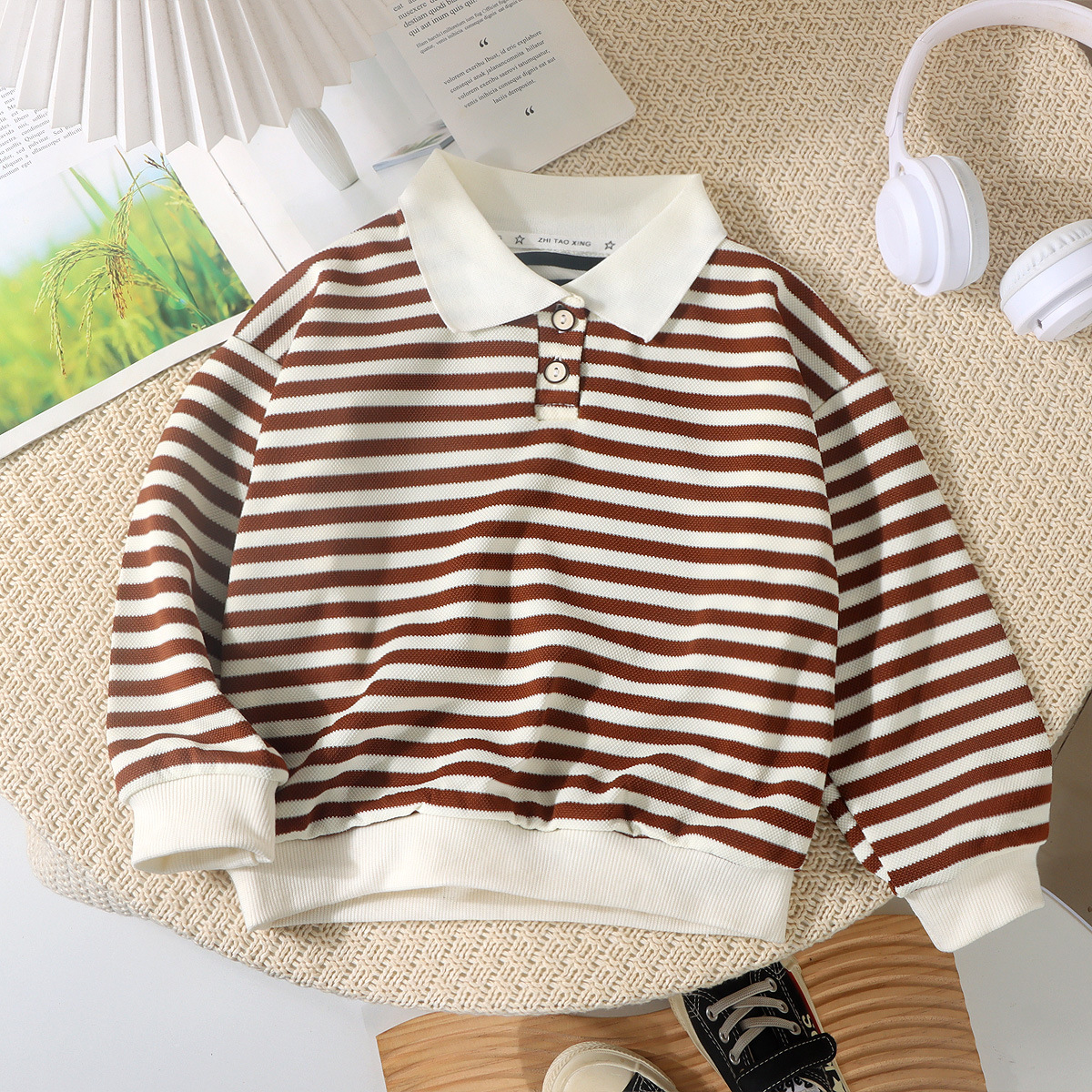 Children's Long-Sleeved Polo Shirts 2025 New Autum New Men's and Women's Tops Medium and Small Fashionable Lapel Stripesd Bottoming Shirts