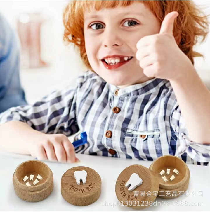 Ready Stock Kidsren's Tooth Memorial Box Collection Wooden Round Lanugo Deciduous Tooth Box Boys and Girls Beech Tooth Storage Box