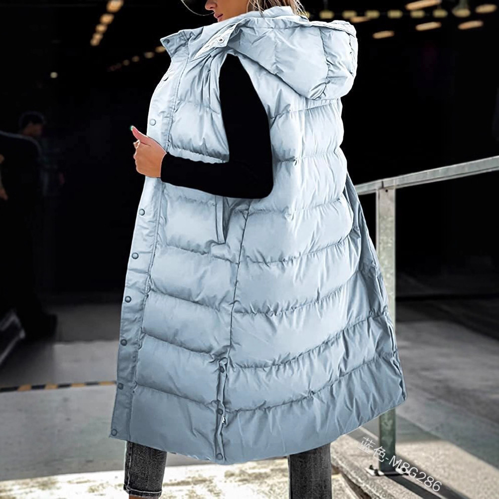 Cross-Border 2023 European and American Pure Color Mid-Length Vest Hooded Top Women's Casual Fashion Zipper Single-Breasted Jacket